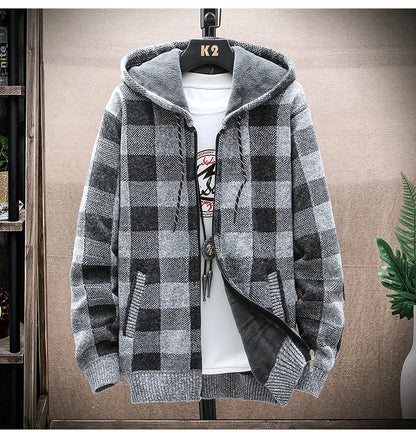 Shop Men's Plaid Hooded Cardigan Sweater - Warm Fleece Knit Jacket