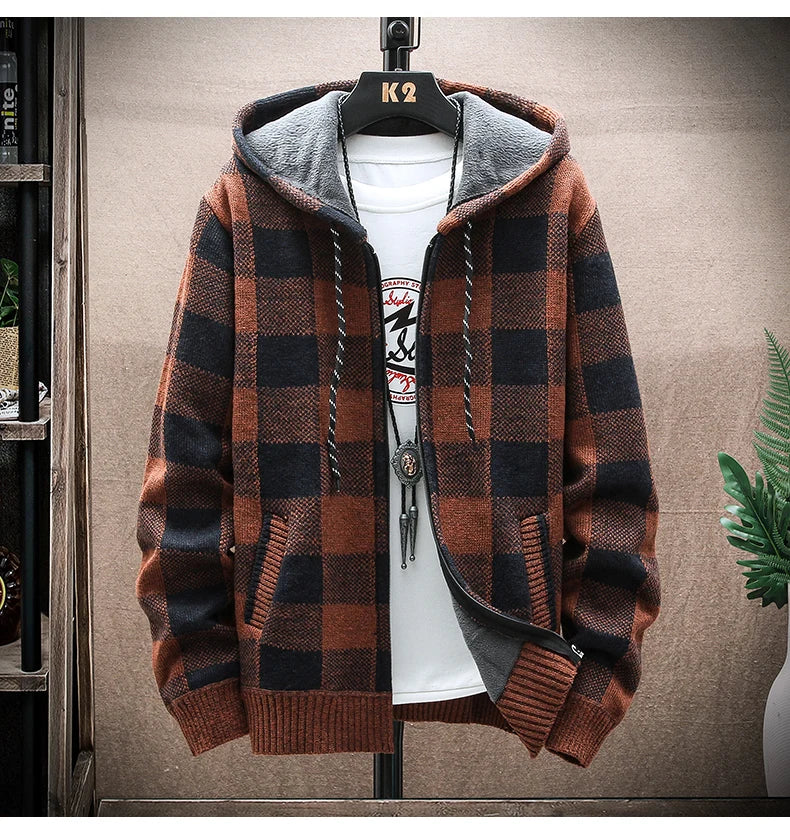 Shop Men's Plaid Hooded Cardigan Sweater - Warm Fleece Knit Jacket