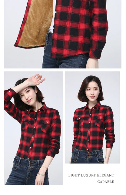 Shop Women's Warm Plaid Shirt Coat - Casual Fleece Velvet Jacket