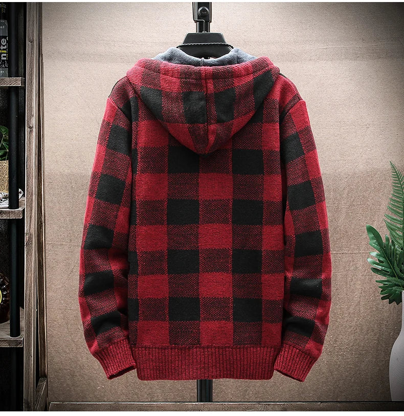 Shop Men's Plaid Hooded Cardigan Sweater - Warm Fleece Knit Jacket