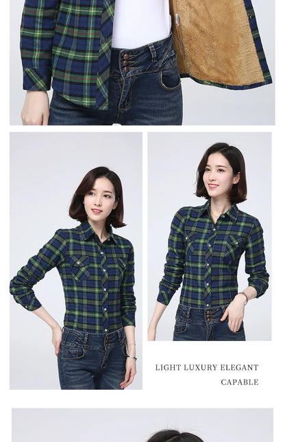 Shop Women's Warm Plaid Shirt Coat - Casual Fleece Velvet Jacket