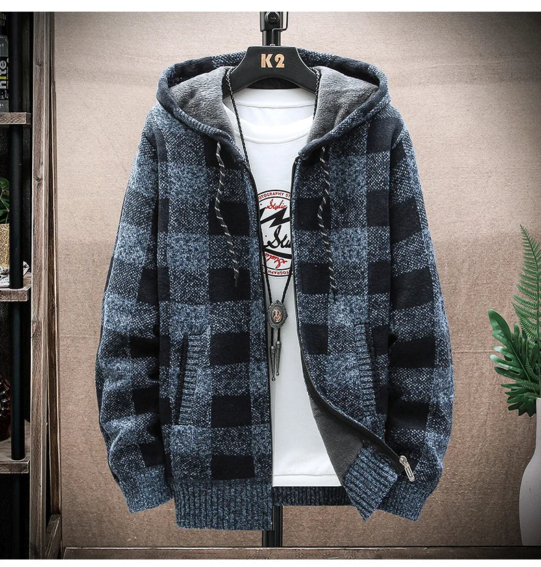 Shop Men's Plaid Hooded Cardigan Sweater - Warm Fleece Knit Jacket