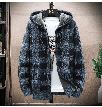 Shop Men's Plaid Hooded Cardigan Sweater - Warm Fleece Knit Jacket