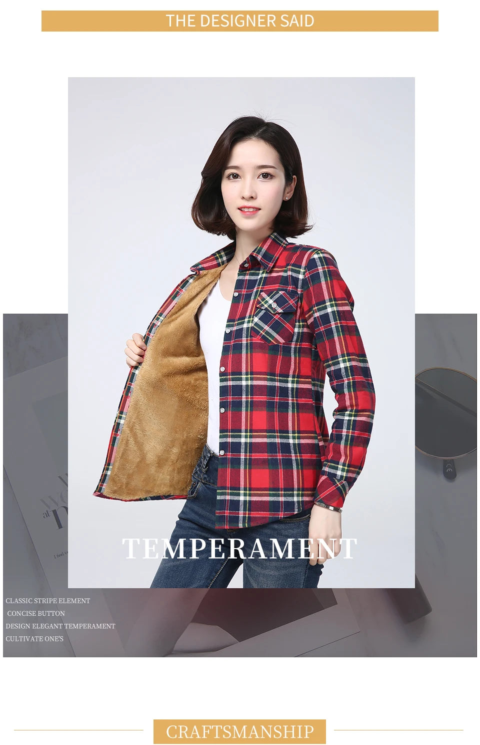 Shop Women's Warm Plaid Shirt Coat - Casual Fleece Velvet Jacket