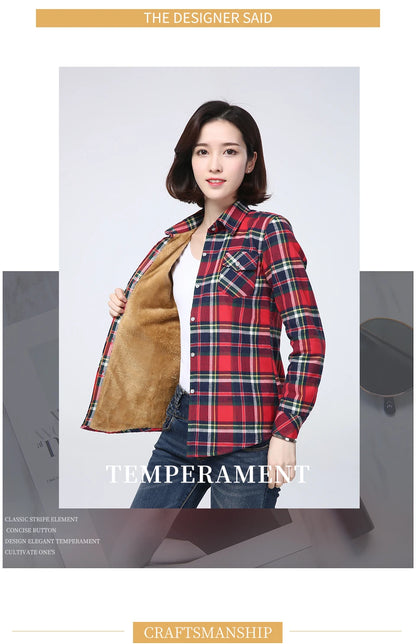 Shop Women's Warm Plaid Shirt Coat - Casual Fleece Velvet Jacket