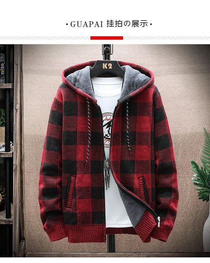 Shop Men's Plaid Hooded Cardigan Sweater - Warm Fleece Knit Jacket