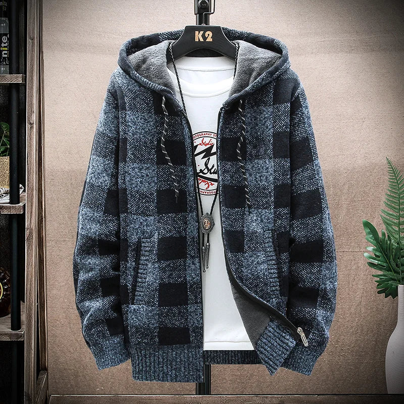 Shop Men's Plaid Hooded Cardigan Sweater - Warm Fleece Knit Jacket