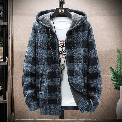 Shop Men's Plaid Hooded Cardigan Sweater - Warm Fleece Knit Jacket