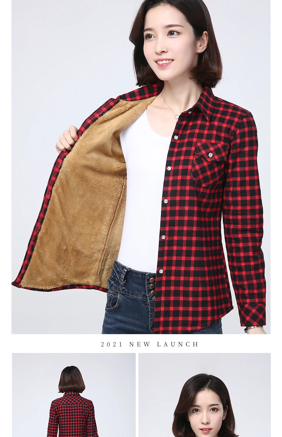 Shop Women's Warm Plaid Shirt Coat - Casual Fleece Velvet Jacket