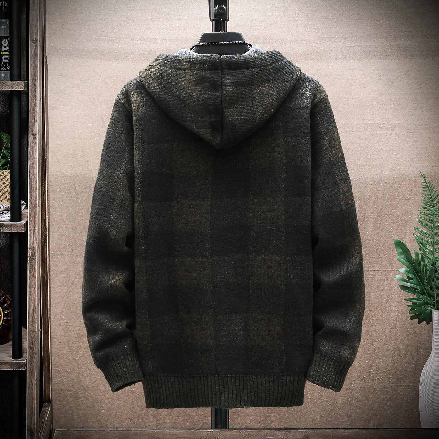 Shop Men's Plaid Hooded Cardigan Sweater - Warm Fleece Knit Jacket