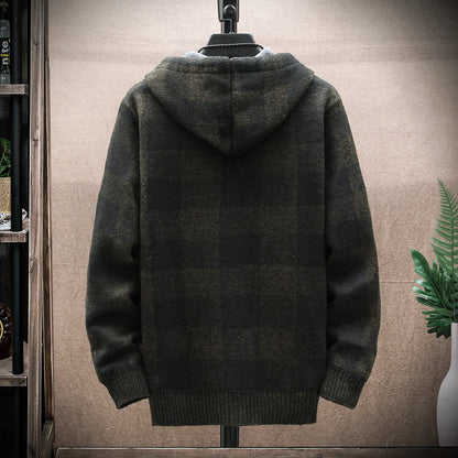 Shop Men's Plaid Hooded Cardigan Sweater - Warm Fleece Knit Jacket