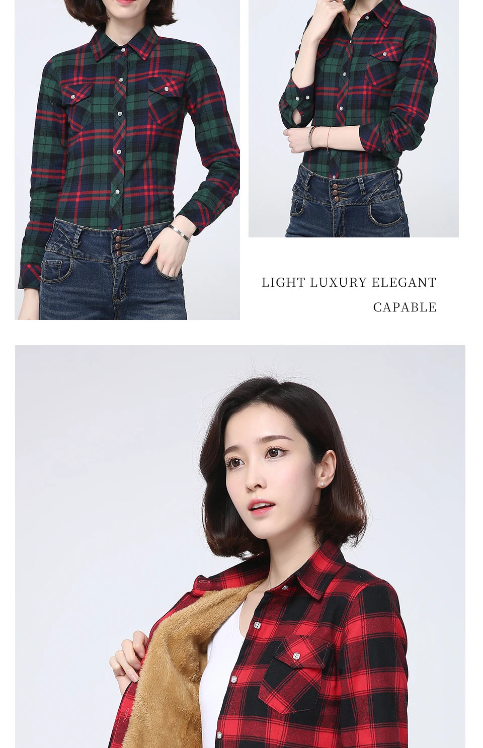 Shop Women's Warm Plaid Shirt Coat - Casual Fleece Velvet Jacket