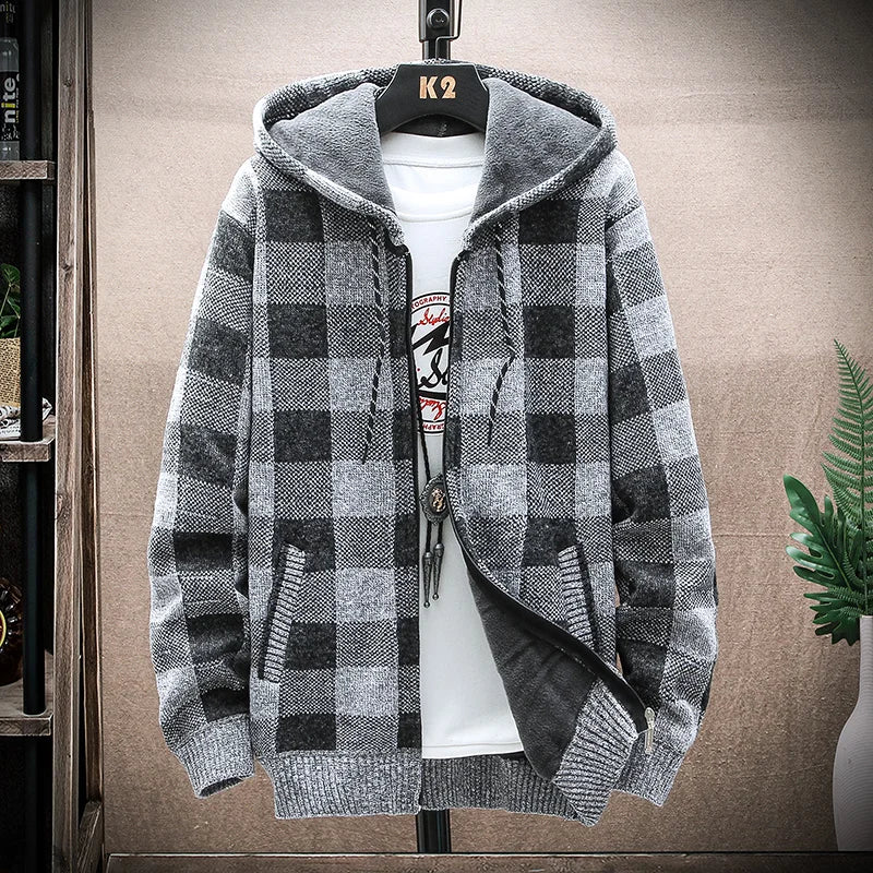 Shop Men's Plaid Hooded Cardigan Sweater - Warm Fleece Knit Jacket