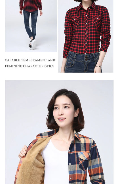 Shop Women's Warm Plaid Shirt Coat - Casual Fleece Velvet Jacket