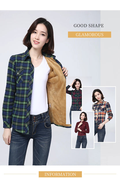 Shop Women's Warm Plaid Shirt Coat - Casual Fleece Velvet Jacket