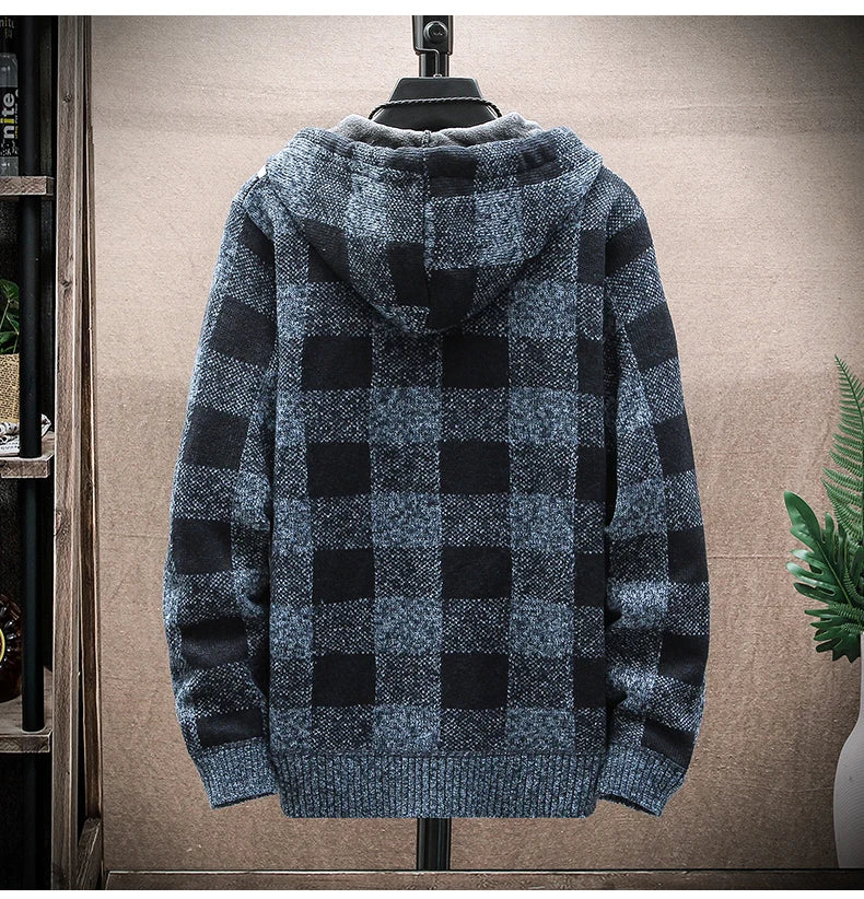 Shop Men's Plaid Hooded Cardigan Sweater - Warm Fleece Knit Jacket