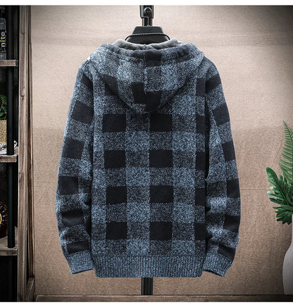 Shop Men's Plaid Hooded Cardigan Sweater - Warm Fleece Knit Jacket