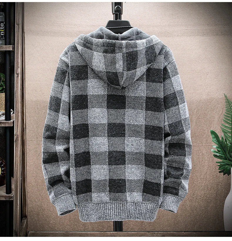 Shop Men's Plaid Hooded Cardigan Sweater - Warm Fleece Knit Jacket