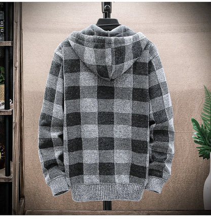 Shop Men's Plaid Hooded Cardigan Sweater - Warm Fleece Knit Jacket