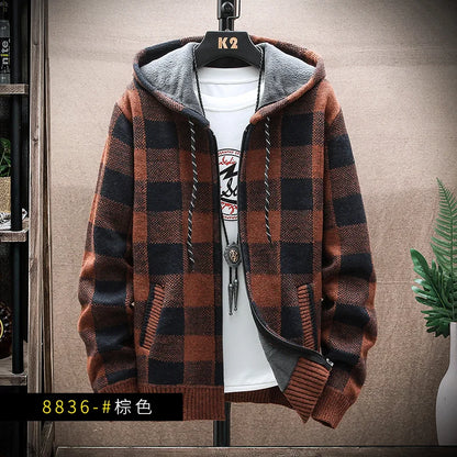 Shop Men's Plaid Hooded Cardigan Sweater - Warm Fleece Knit Jacket