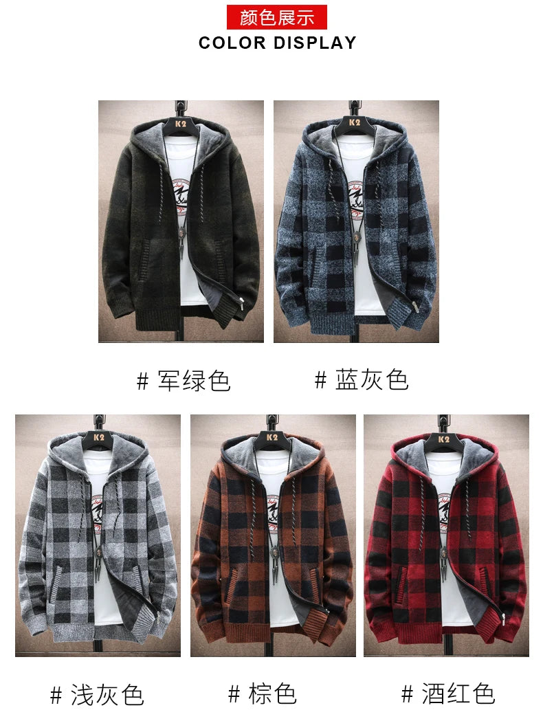 Shop Men's Plaid Hooded Cardigan Sweater - Warm Fleece Knit Jacket