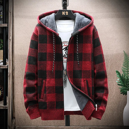 Shop Men's Plaid Hooded Cardigan Sweater - Warm Fleece Knit Jacket