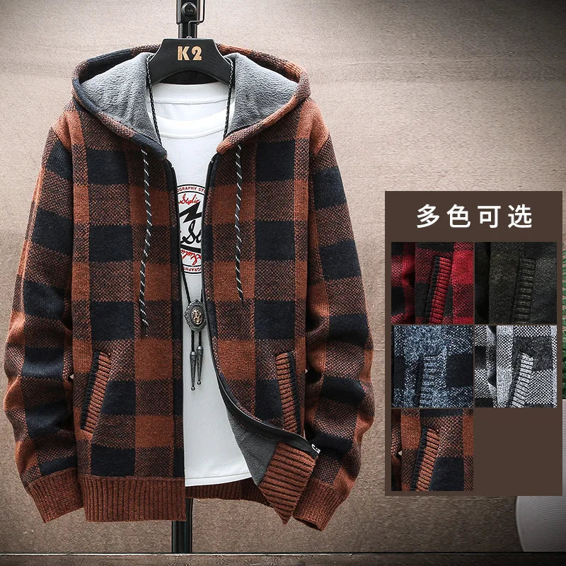 Shop Men's Plaid Hooded Cardigan Sweater - Warm Fleece Knit Jacket