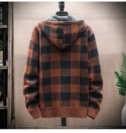 Shop Men's Plaid Hooded Cardigan Sweater - Warm Fleece Knit Jacket