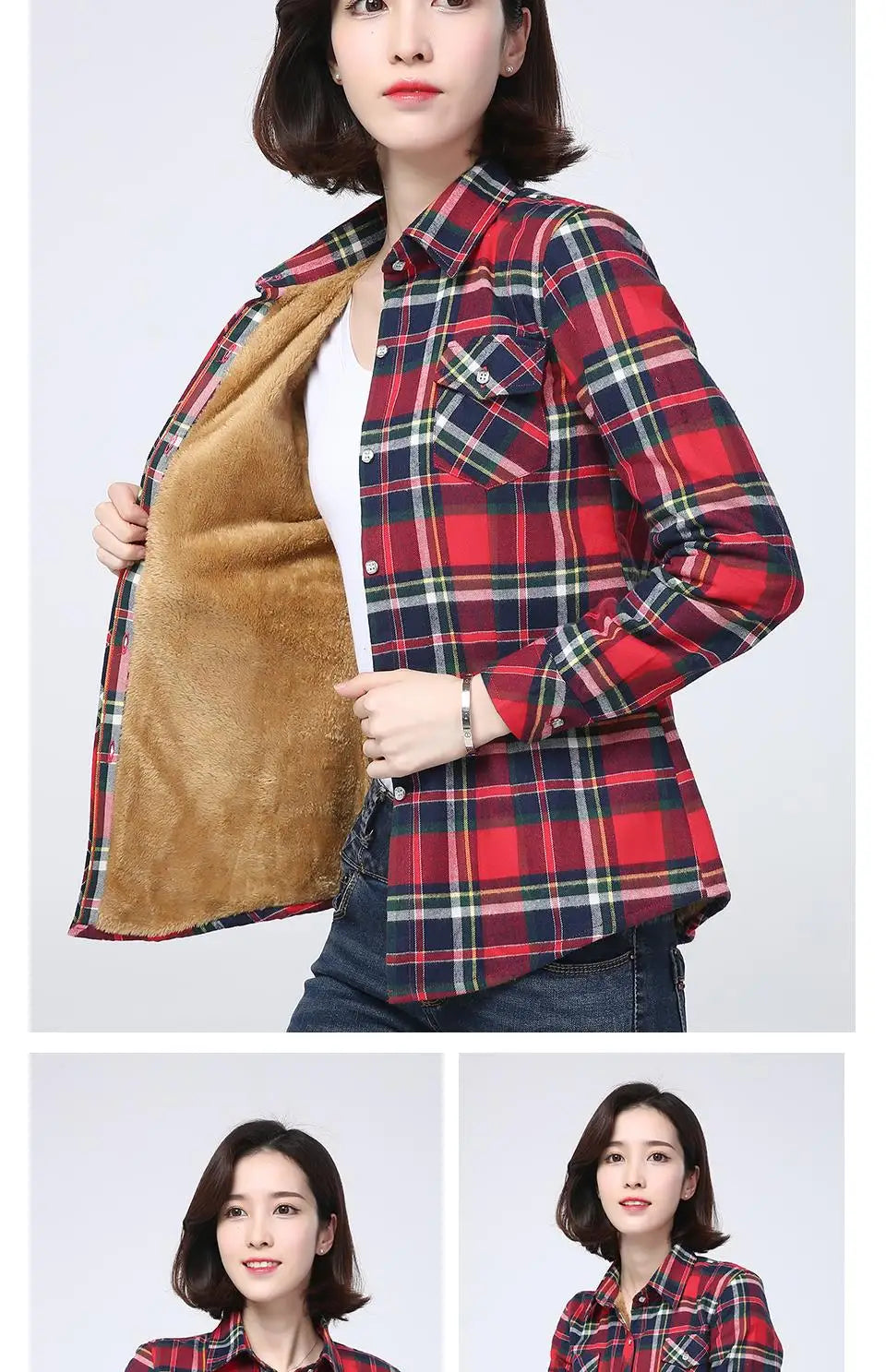 Shop Women's Warm Plaid Shirt Coat - Casual Fleece Velvet Jacket