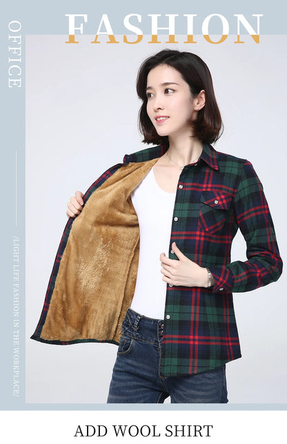 Shop Women's Warm Plaid Shirt Coat - Casual Fleece Velvet Jacket