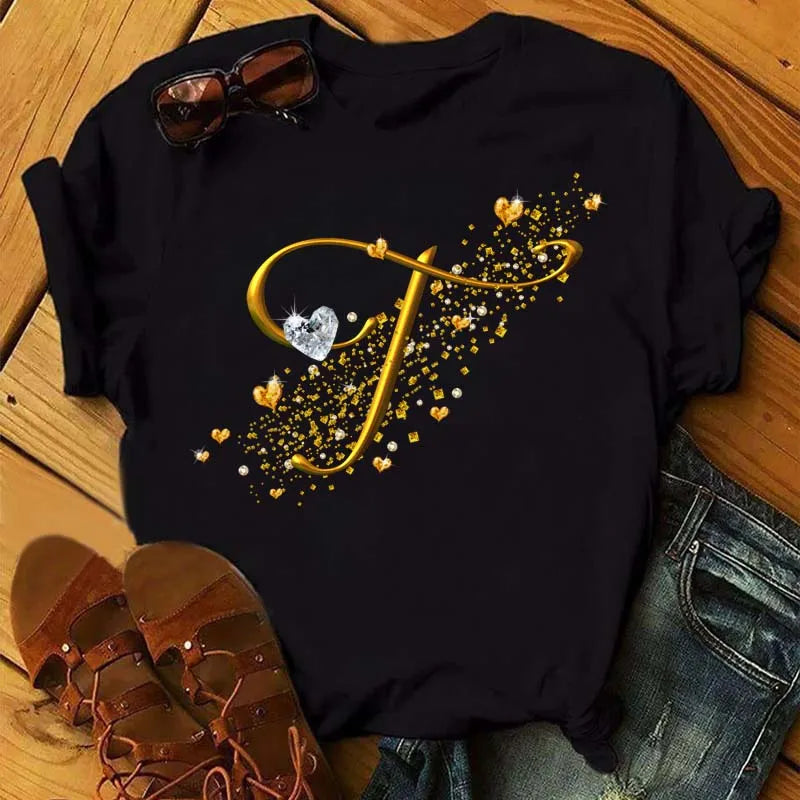Custom Name Letter Combination Fashion Women T-shirt Diamond Gold Letter Font A B C D E F G Short Sleeve Tops Black T-shirt