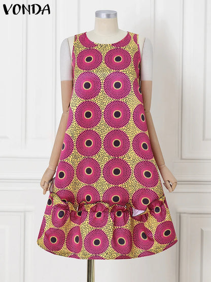 VONDA Bohemian Dress Women Printed Sleeveless Summer Sundress 2025 Loose Casual Ruffled Party Vestidos Oversized Mid-Calf Robe