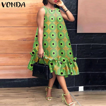 VONDA Bohemian Dress Women Printed Sleeveless Summer Sundress 2025 Loose Casual Ruffled Party Vestidos Oversized Mid-Calf Robe