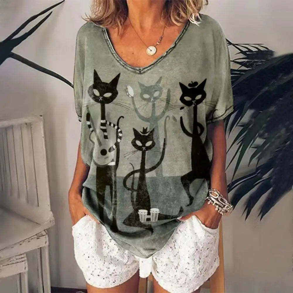Fashion Woman Blouses 2022 T-shirt Women's 3d Cats Print Black Kawaii V-neck T Shirt Female Clothing Oversized Summer Tops Tees