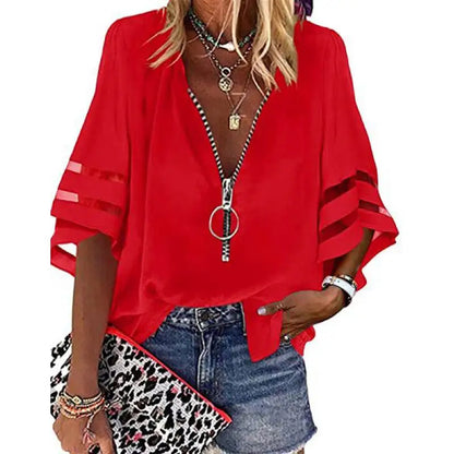 Women's Casual Loose V-neck Half-flat Sleeve Blouse 2025 Spring Summer Tops Streetwear Ladies Spliced zipper Solid Shirts