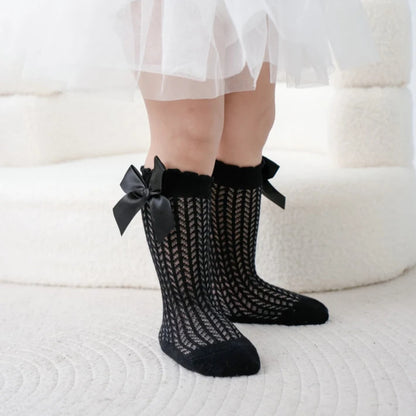 Summer Mesh Baby Girls Socks Cute Big Bows Soft Cotton Elastic White Red Newborn Stockings Knee High Long for Toddler Socks