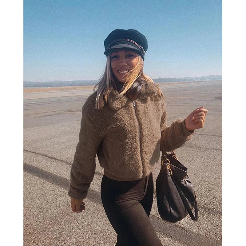 Shop Women's Teddy Fleece Hoodie - Casual Zipper Lapel Coat