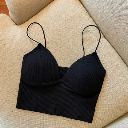 V-Neck Camisole Women Sexy Stretch Push Up Bra with Chest Pads Knitted Crop Top for Female Short Tube Top Tops Bralette Y2k