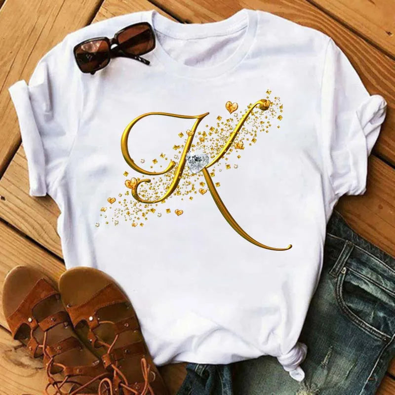 Custom Name Letter Combination Fashion Women T-shirt Diamond Gold Letter Font A B C D E F G Short Sleeve Tops Black T-shirt