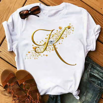 Custom Name Letter Combination Fashion Women T-shirt Diamond Gold Letter Font A B C D E F G Short Sleeve Tops Black T-shirt