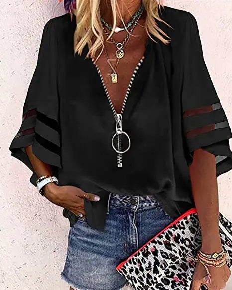 Women's Casual Loose V-neck Half-flat Sleeve Blouse 2025 Spring Summer Tops Streetwear Ladies Spliced zipper Solid Shirts