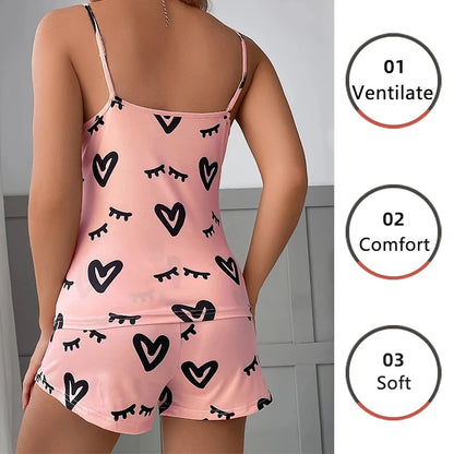 Shop Women’s Pink Love Print Pajama Set - Breathable Short-Sleeve & Shorts