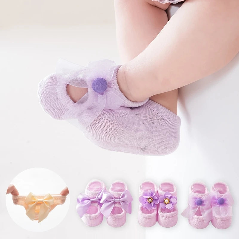3 Pairs Baby Girl Ankle Socks Lace Bow Infant Anti Slip Socks Newborn Princess Pearl Low Cut Socks Children Home Floor Shoes