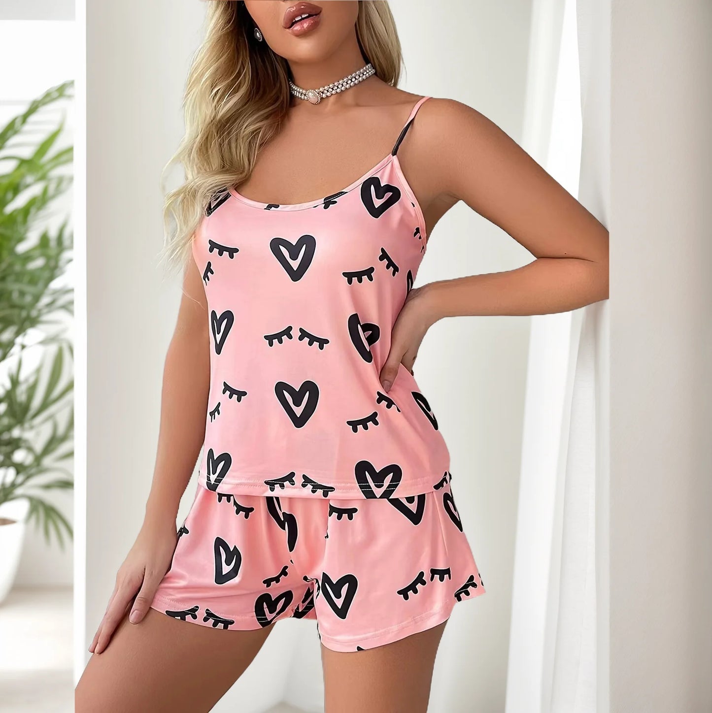 Shop Women’s Pink Love Print Pajama Set - Breathable Short-Sleeve & Shorts