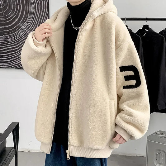 Trendy Thickened Cotton Coat For Men Winter Lamb Wool Jacket Hooded Loose Fit Fleece Lined Hooded Parkas Casual Outwear