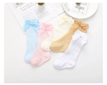 Summer Mesh Baby Girls Socks Cute Big Bows Soft Cotton Elastic White Red Newborn Stockings Knee High Long for Toddler Socks