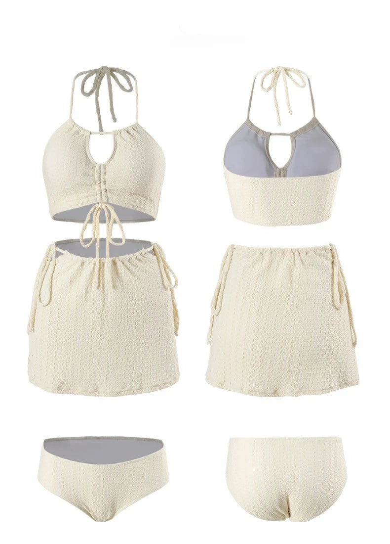 Fashion Sexy Ribbed Halter Bikinis Set Three Pieces Sets Drawstring Tie Swimsuit with Mini Skirt Swimwear Beach Wear
