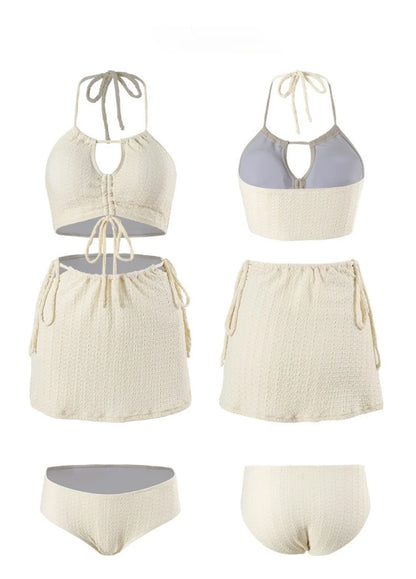 Fashion Sexy Ribbed Halter Bikinis Set Three Pieces Sets Drawstring Tie Swimsuit with Mini Skirt Swimwear Beach Wear