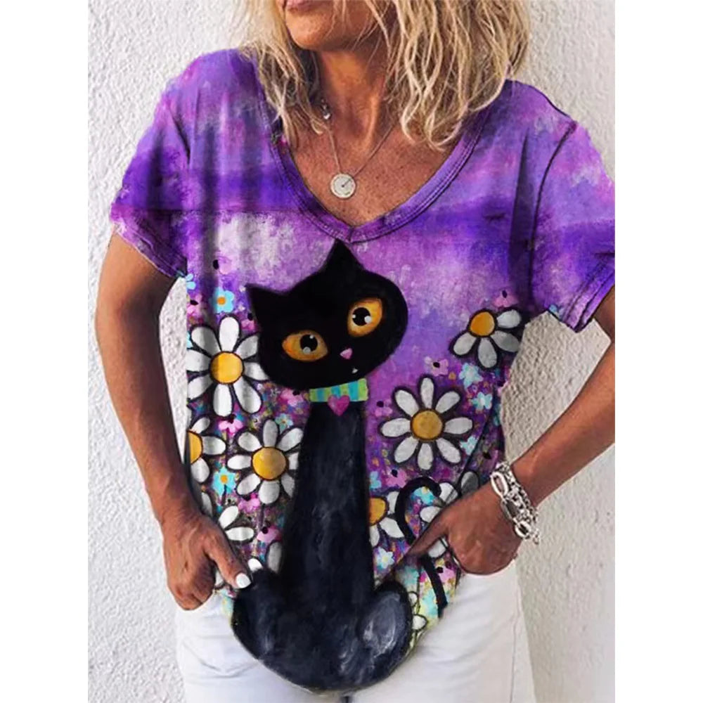 Fashion Woman Blouses 2022 T-shirt Women's 3d Cats Print Black Kawaii V-neck T Shirt Female Clothing Oversized Summer Tops Tees