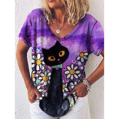 Fashion Woman Blouses 2022 T-shirt Women's 3d Cats Print Black Kawaii V-neck T Shirt Female Clothing Oversized Summer Tops Tees